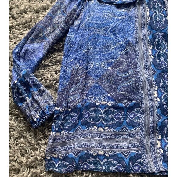 Lucky Brand Blue Paisley Print Boho CHIFFON TIE Blouse Tunic Top SZ M - Picture 4 of 5